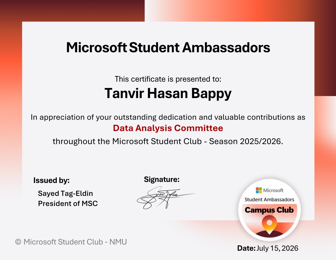 Certificate of Appreciation from the Microsoft Student Club - NMU certificate preview